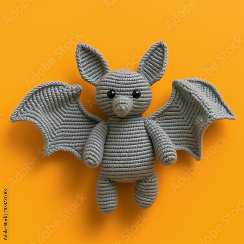 A grey crochet hand knitted bat  in a candy bag that says Flappy Halloween, knitted for October kids fun- photographed against an orange backdrop photo