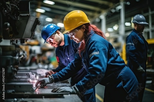 A blue-collar worker in workwear and helmet near metalworking machine in a factory. Featuring a person in typical engineer outfit amidst grey and black tones. photo