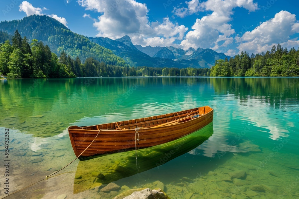 Obraz premium Wooden Boat Moored in a Crystal-Clear Mountain Lake