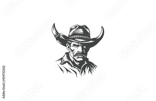 Vintage engraving of a cowboy man wearing a wide-brimmed hat and rugged attire