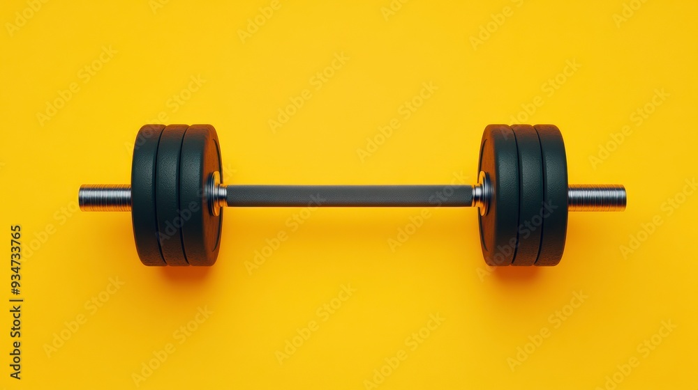 A heavy black dumbbell on a vibrant yellow background, symbolizing strength and fitness for workout enthusiasts. A heavy black dumbbell on a vibrant yellow background, symbolizing strength and fitness for workout enthusiasts.