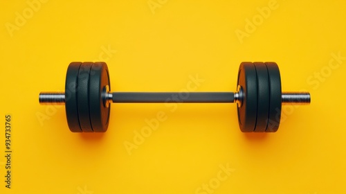 A heavy black dumbbell on a vibrant yellow background, symbolizing strength and fitness for workout enthusiasts.