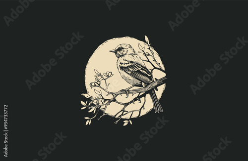 Birds perched on tree branch vintage engraving design vector illustration