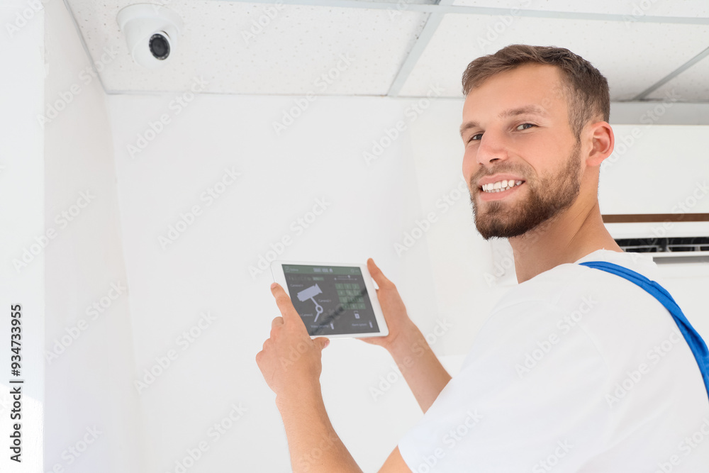 Male worker holding tablet computer with installed alarm system in room Male worker holding tablet computer with installed alarm system in room