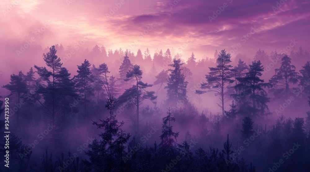 A Foggy Forest at Dusk with a Purple Sky A Foggy Forest at Dusk with a Purple Sky