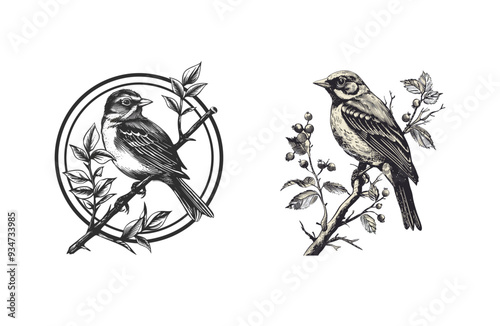Birds perched on tree branch vintage engraving design vector illustration