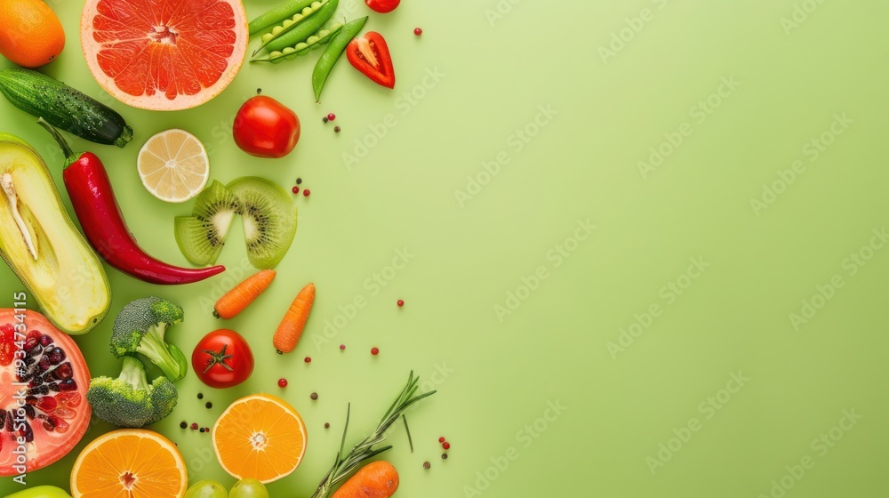 Fresh Fruits and Vegetables on Green Background Fresh Fruits and Vegetables on Green Background
