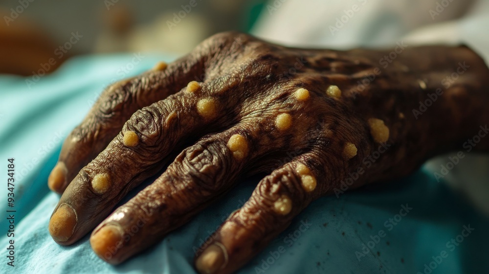 Close-up of a hand with large pustules and lesions caused by monkeypox, highlighting the severe symptoms of the viral infection during an epidemic. Close-up of a hand with large pustules and lesions caused by monkeypox, highlighting the severe symptoms of the viral infection during an epidemic.