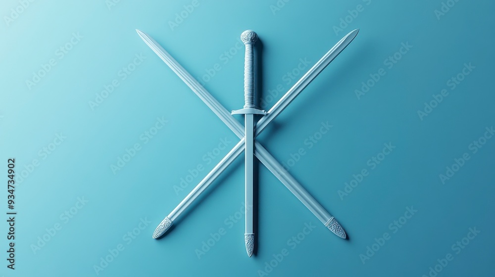 A captivating arrangement of three elegant swords against a minimalist blue backdrop, showcasing artistry and craftsmanship. A captivating arrangement of three elegant swords against a minimalist blue backdrop, showcasing artistry and craftsmanship.