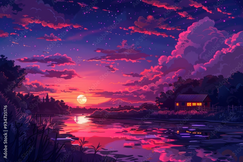 Nighttime Landscape with Pink Clouds, a Cabin, and a Full Moon Reflected in a Still Lake Nighttime Landscape with Pink Clouds, a Cabin, and a Full Moon Reflected in a Still Lake