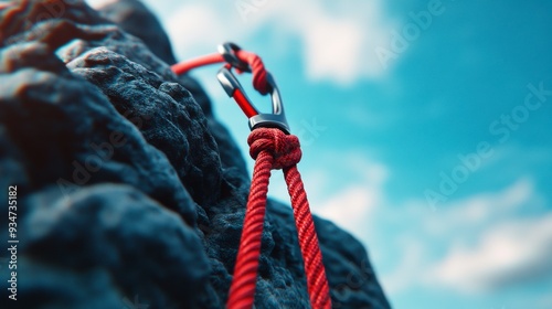 A close-up of red climbing rope secured to a rock face, symbolizing adventure and mountaineering. photo