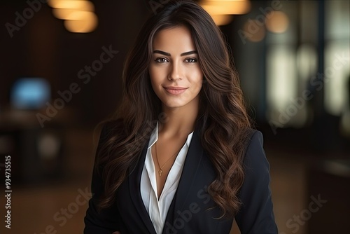 A smiling lady with brown layered hair and fashion accessories in a portrait with street fashion vibes. Her black hair complements her stylish look.