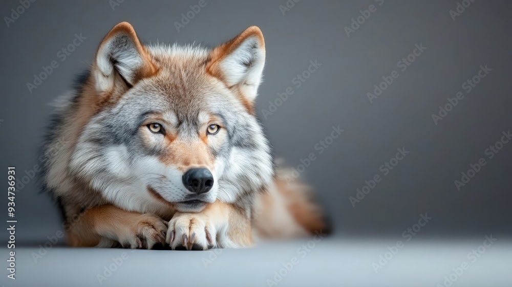 Fototapeta premium Professionally lit studio featuring a wolf, with soft lighting accentuating its sleek fur and intense gaze against a minimalistic backdrop.