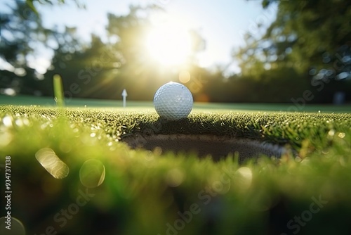 Golf ball on green grass under blue sky, surrounded by sports equipment in outdoor field. Black and white dominate the landscape with lush green plants. photo