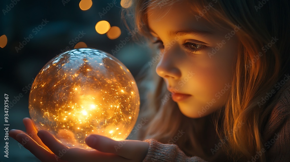 Naklejka premium A little girl holding a glowing orb with a hopeful expression, symbolizing dreams and possibilities.
