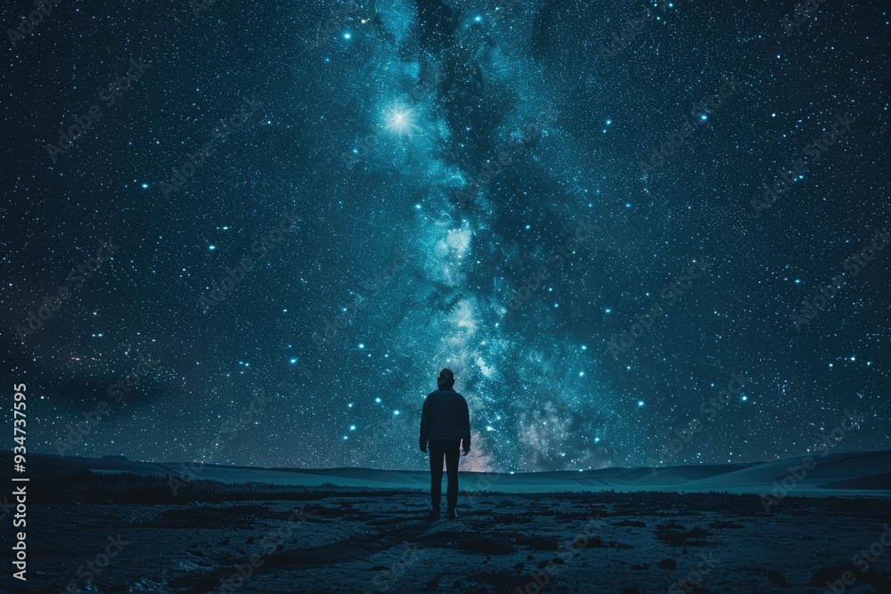Man in Dark Under Starry Sky Sci Fi Universe Background Man in Dark Under Starry Sky Sci Fi Universe Background