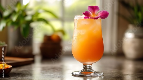 A refreshing orange cocktail with a pink flower garnish, adding a touch of elegance to the vibrant drink. photo