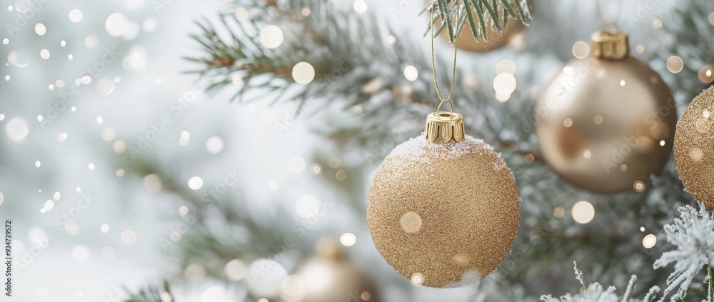 Golden Christmas balls ornaments on white snow background
