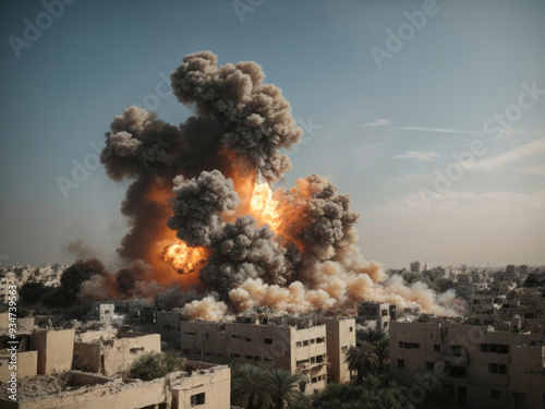 missiles attack on city. leaving a city in ruins.