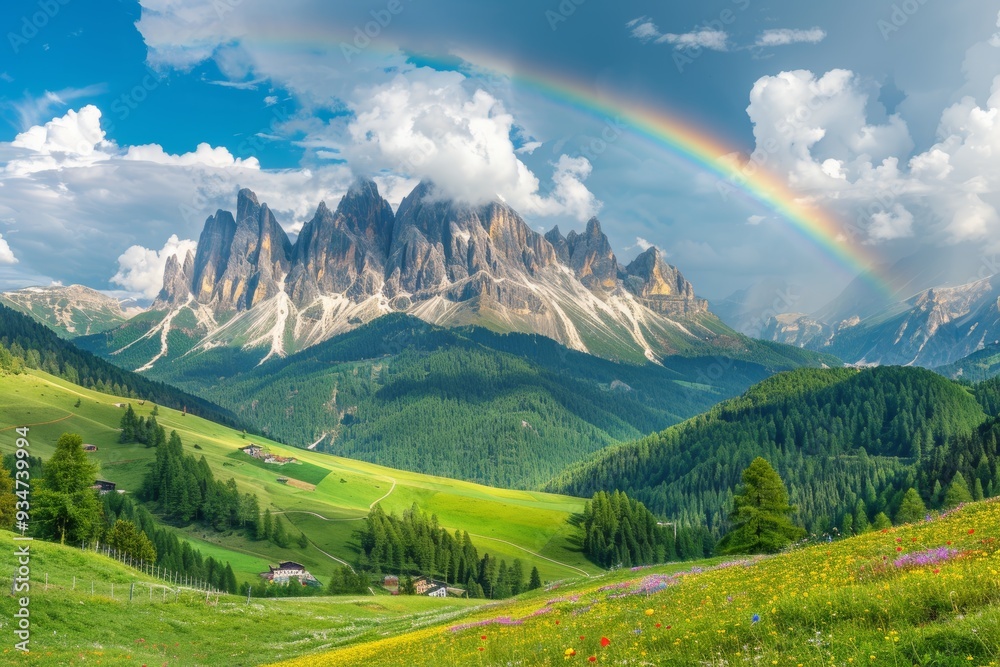 Majestic Mountain Range with Rainbow and Blooming Meadow Majestic Mountain Range with Rainbow and Blooming Meadow