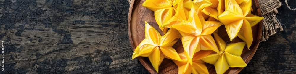Sliced Organic Carambola Fruit on a Plate with Copy Space, Displayed on a Wooden Board Sliced Organic Carambola Fruit on a Plate with Copy Space, Displayed on a Wooden Board