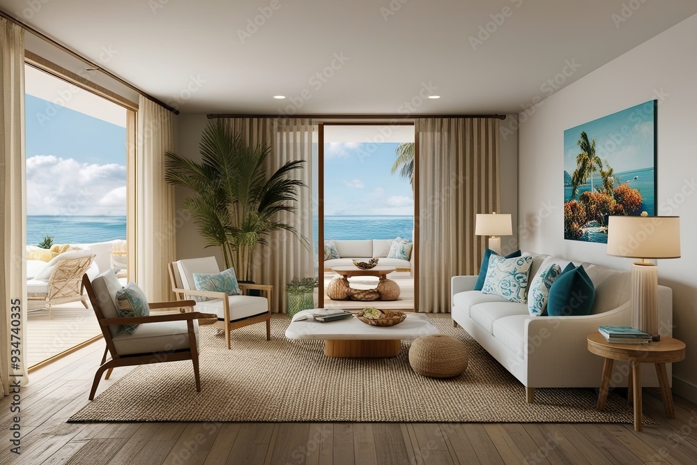 Fototapeta premium Stylish Coastal Escape 3D Interior Design Mockup Showcase