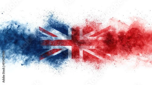 Vibrant England flag color powder explosion against a white background, capturing national pride and energy. Ideal for backgrounds, wallpapers, and British-themed designs with a dynamic, patriotic tou photo