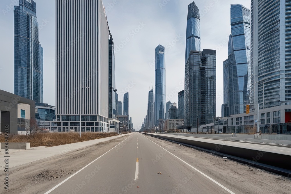 In-Depth Look at an Empty City Street Next to Modern Skyscrapers and Urban Landscapes In-Depth Look at an Empty City Street Next to Modern Skyscrapers and Urban Landscapes