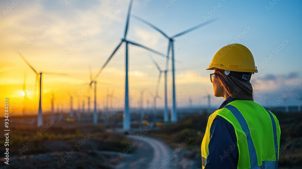a Modern Windmill Power Station with Engineers in the Blurred Background. Emphasizes Renewable Energy, Innovation, and the Integration of Technology in Sustainable Power Generation. a Modern Windmill Power Station with Engineers in the Blurred Background. Emphasizes Renewable Energy, Innovation, and the Integration of Technology in Sustainable Power Generation.