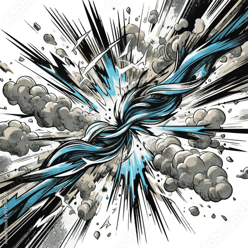 Dynamic manga motion effects with comic-style speed lines, action graphics, and explosive bursts on a clean white backdrop. Abstract illustration.