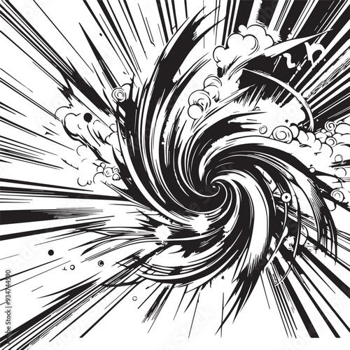 Dynamic manga motion effects with comic-style speed lines, action graphics, and explosive bursts on a clean white backdrop. Abstract illustration.