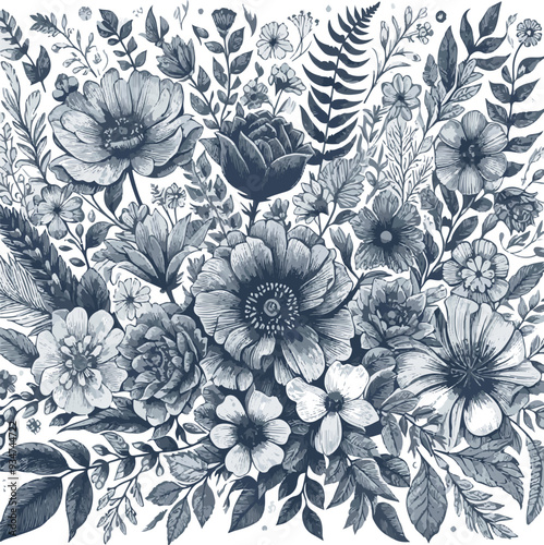 Seamless vector floral pattern, peony flowers, primrose, musk, lilac, vintage wallpaper, monochrome