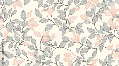 Intricate floral pattern with fine black and soft pink leaves on a light background. The design is delicate and refined, suitable for elegant and classic interior decor.