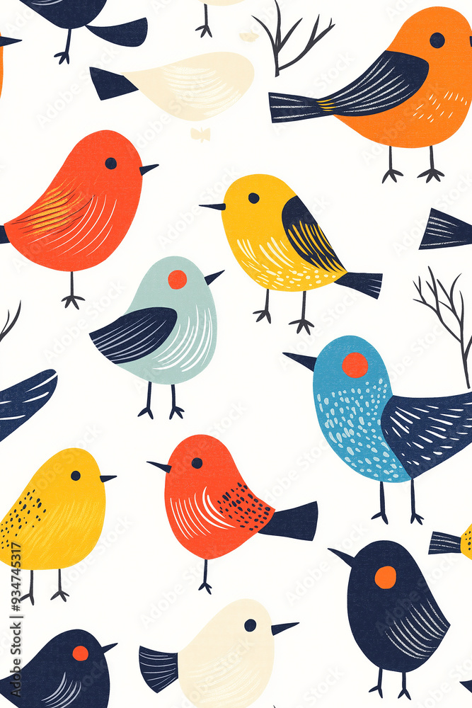 Playful and colorful bird pattern featuring stylized birds in various vibrant colors like red, yellow, and blue, on a white background. Playful and colorful bird pattern featuring stylized birds in various vibrant colors like red, yellow, and blue, on a white background.