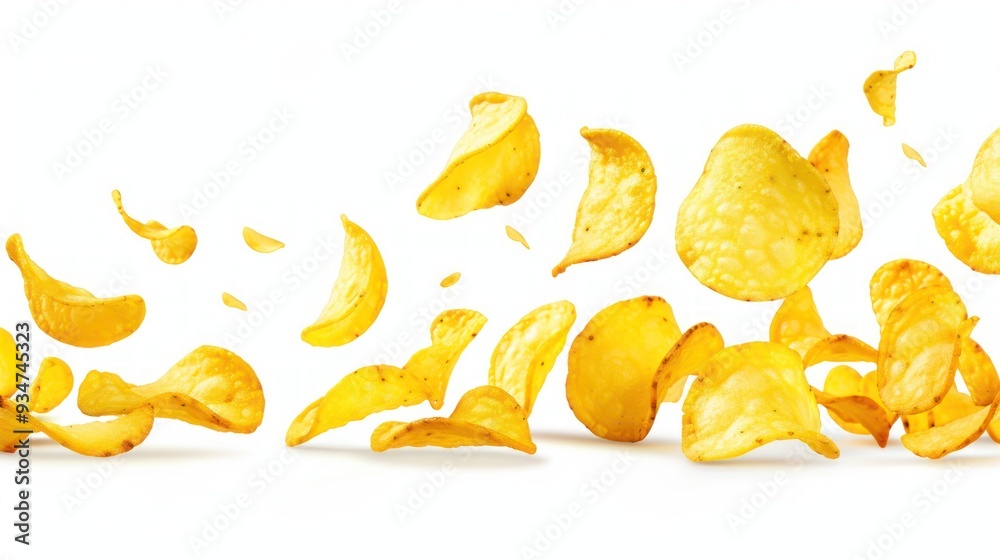 Crispy Potato Chips in Mid-Air Crispy Potato Chips in Mid-Air