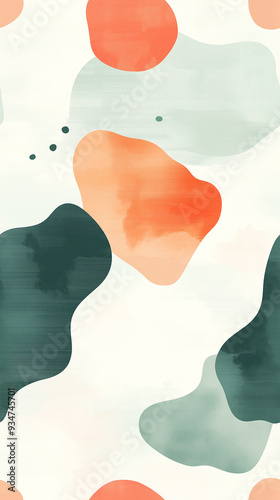 Abstract pattern with irregular shapes in orange, green, and muted tones on a light background, ideal for modern and minimalist designs.