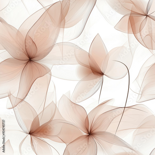 Delicate floral seamless pattern with soft, transparent flowers in pastel beige tones on a white background, perfect for elegant and feminine themes.