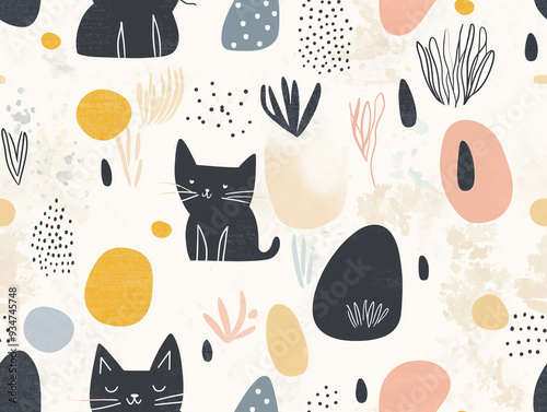 Cute and playful seamless pattern with black cats, abstract shapes, and soft colors, designed for whimsical and light-hearted applications.