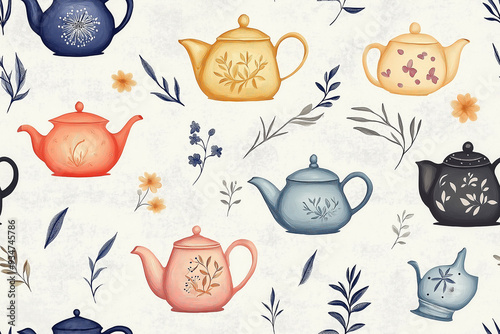Charming teapot and floral seamless pattern with vintage vibes in muted pastel tones, perfect for cozy and homely themes.