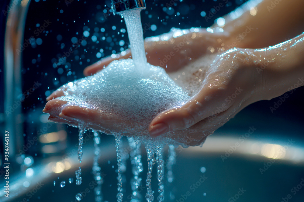 Fototapeta premium Hand washing with water and soap, clean and protection from dirty, virus, bacteria
