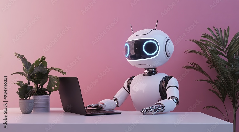A robot sitting in front of a computer working with a Pink Background in a Stock Photo Style, Featuring a Modern and Futuristic Workspace A robot sitting in front of a computer working with a Pink Background in a Stock Photo Style, Featuring a Modern and Futuristic Workspace