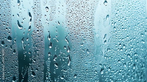 Abstract Water Droplets On Glass Surface Blue Background