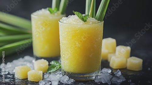 A refreshing yellow lemonade with ice cubes and mint garnish, offering a cool and zesty refreshment. photo