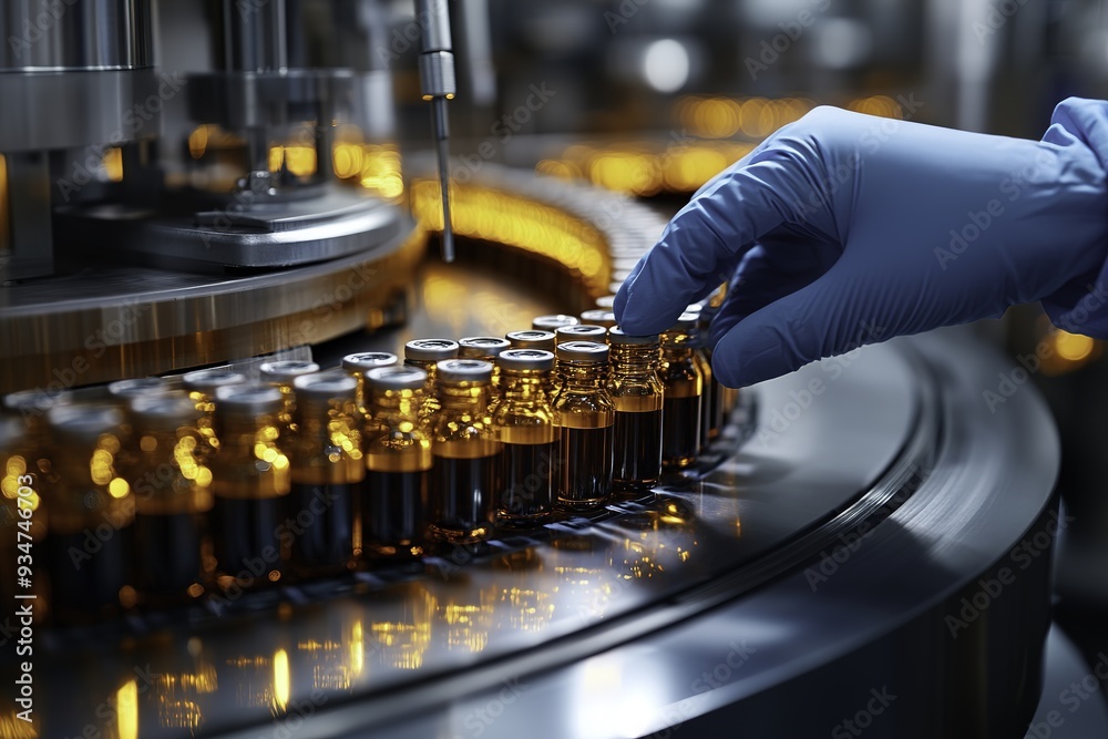 Hand in Blue Gloves Holding Vials on the Production Line of Glass Jar and Bottle Filling at a Factory for the Medical, Healthcare, or Beauty Industry, with Copy Space for Text or Graphics Hand in Blue Gloves Holding Vials on the Production Line of Glass Jar and Bottle Filling at a Factory for the Medical, Healthcare, or Beauty Industry, with Copy Space for Text or Graphics