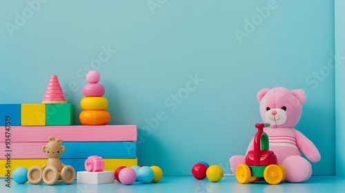 Colorful children toys isolated on colorful background