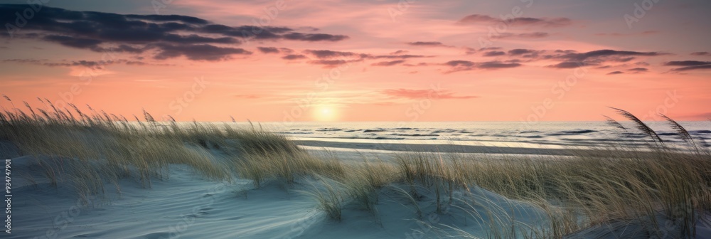 Fototapeta premium Coastal Elegance High-Resolution Sunset Over Sand Dunes and Aquamarine Waves