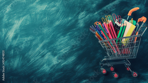 Shopping Cart Full of School Supplies on a Green Chalkboard