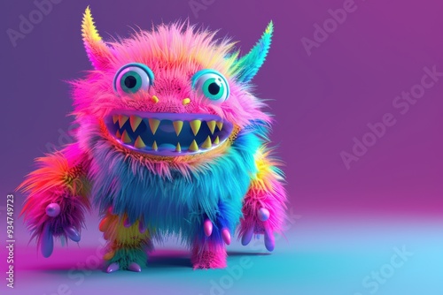 Neon-lit 3D cute monster in bright magenta and cyan, boasting a dynamic and imaginative design.
