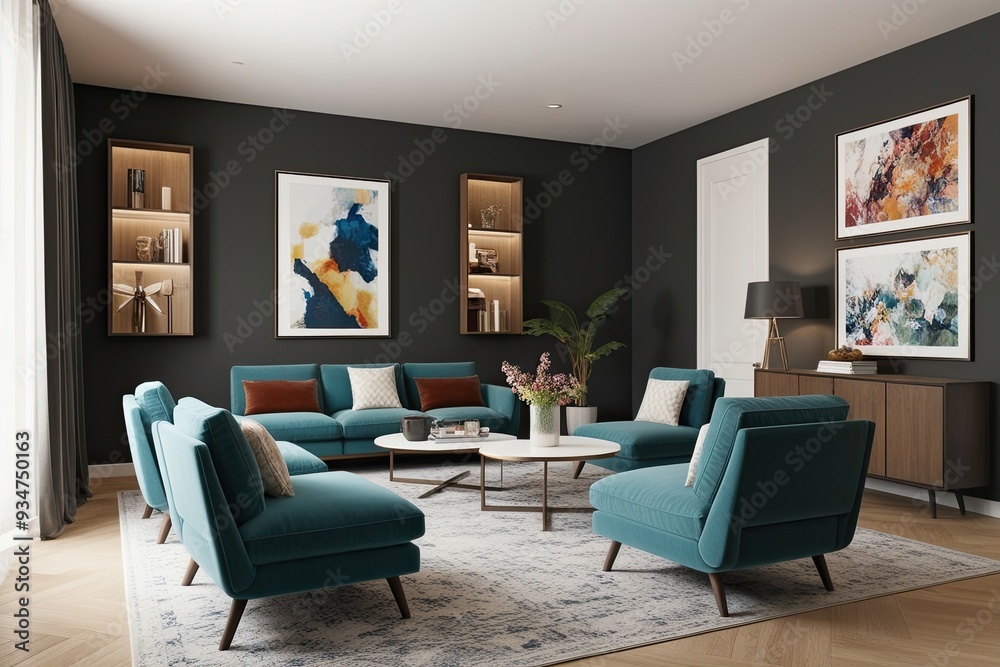 Fototapeta premium Modern 3D Mockup of a Chic Home Living Room Featuring Cozy Seating and Art Display