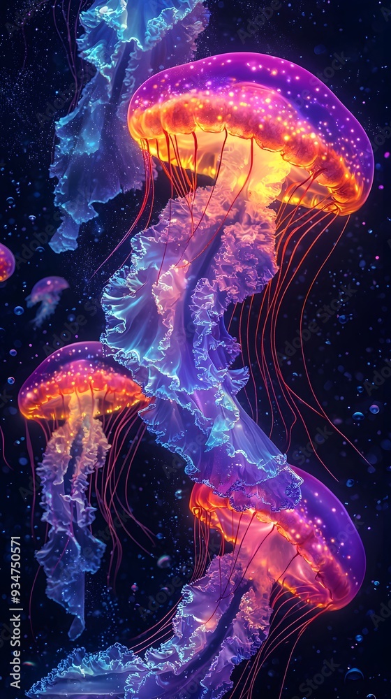 Bioluminescent Jellyfish in the Deep Sea. Bioluminescent Jellyfish in the Deep Sea.